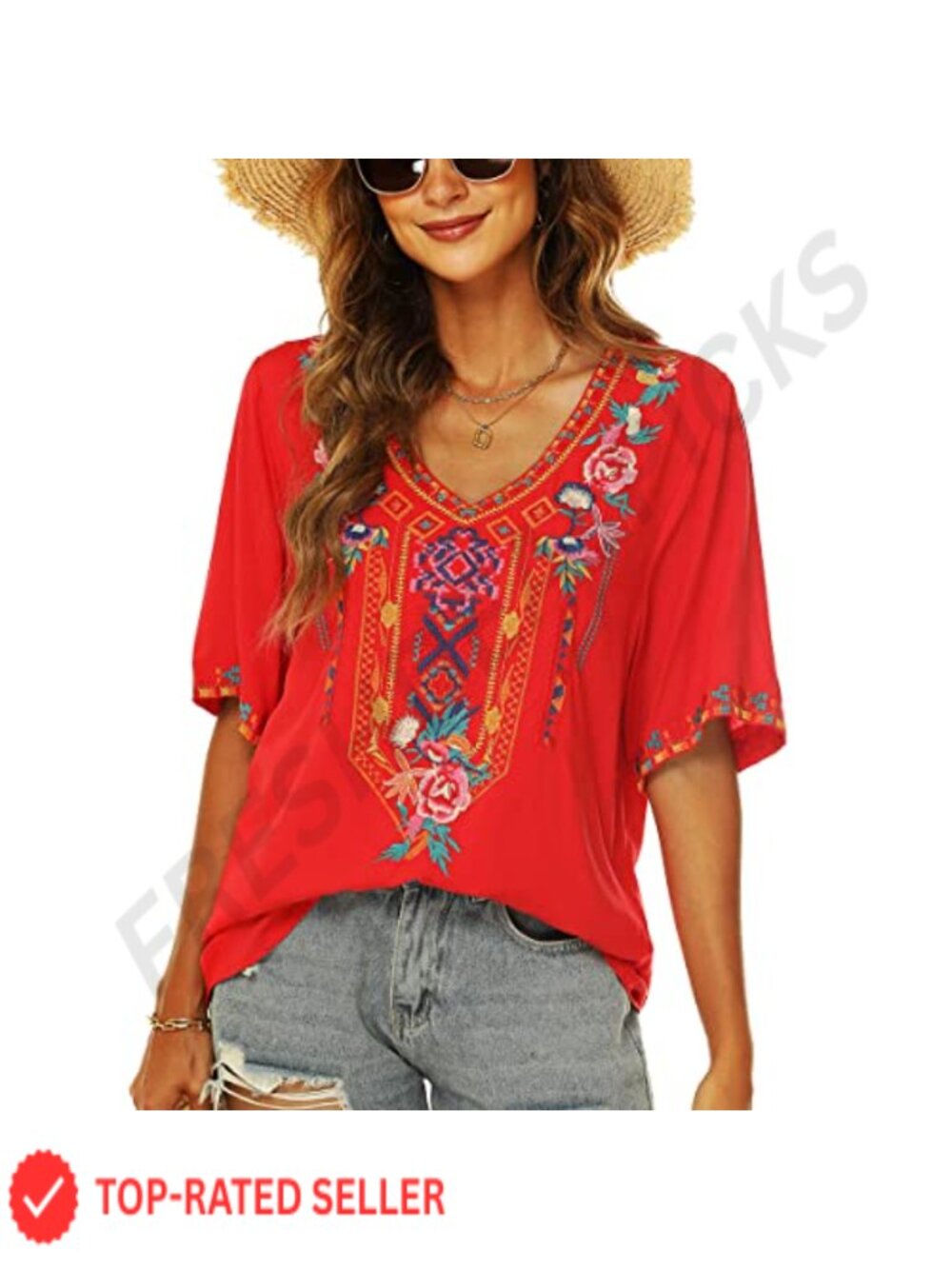 Mexican Embroidered Boho Blouse Viscose Short Sleeve Floral Tunic